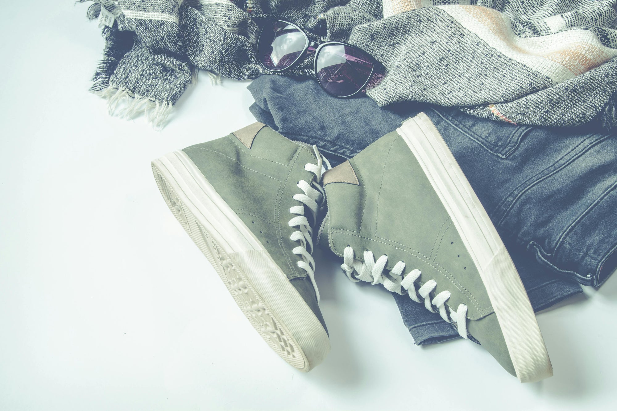 Green High-top Sneakers Beside Bottoms And Sunglasses · Free Stock Photo
